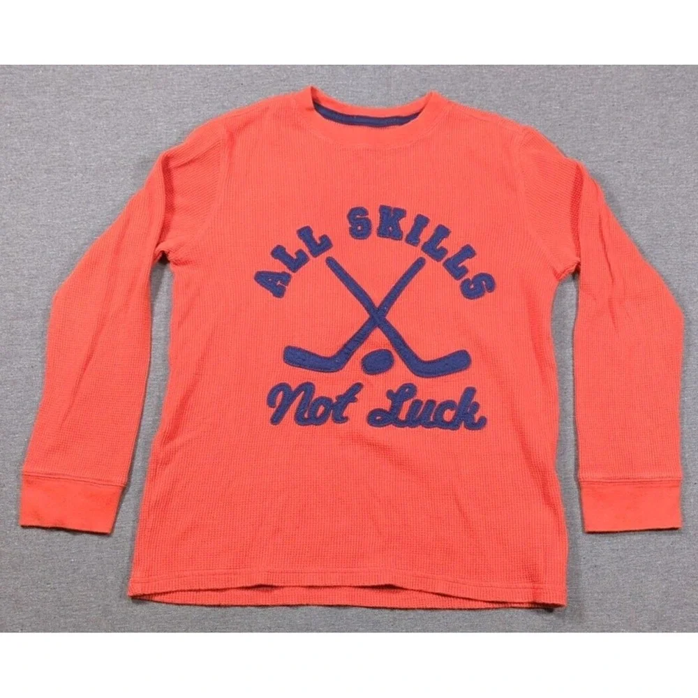GAP Kids Orange Black All Skills Not Luck Hockey Sweater Long Sleeve Size M (8)‎